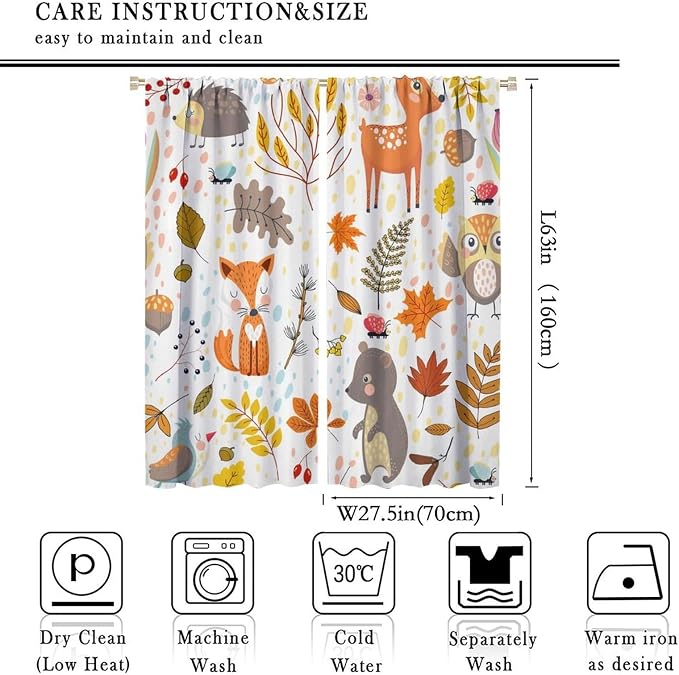 Kids Boys Girls Curtains, Jungle Animal Autumn Forest Cartoon Deer Rabbit Fox Owl Print Pattern Window Drapes for Nursery Baby Bedroom Playroom Living Room 2 Panel Sets,55x63 Inch