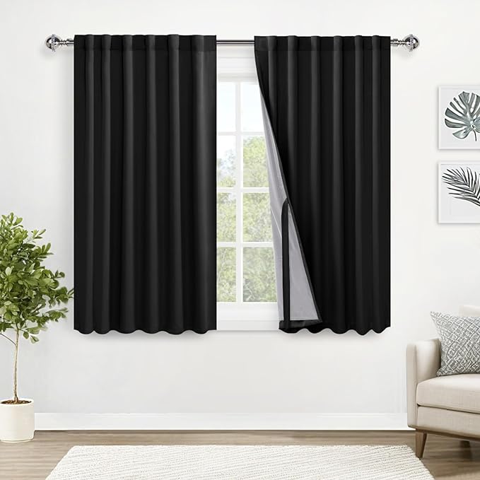 XWZO 100% Blackout Curtains 54 Inches Length with Tiebacks- Full Shade Thermal Insulated Double Layer with Black Liner for Bedroom/Living Room, Rod Pocket & Back Tab, Black, W52 x L54, Set of 2