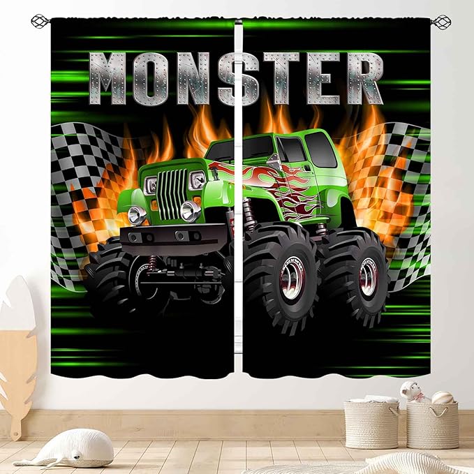 Truck Curtains for Boys Room, Burning Flame Tractor Truck Car Cool Monster Checkered Racing Flag Window Drapery Treatments for Boys Kids Bedroom Living Room Playroom Nursery 2 Panels, 55"x63" Inch
