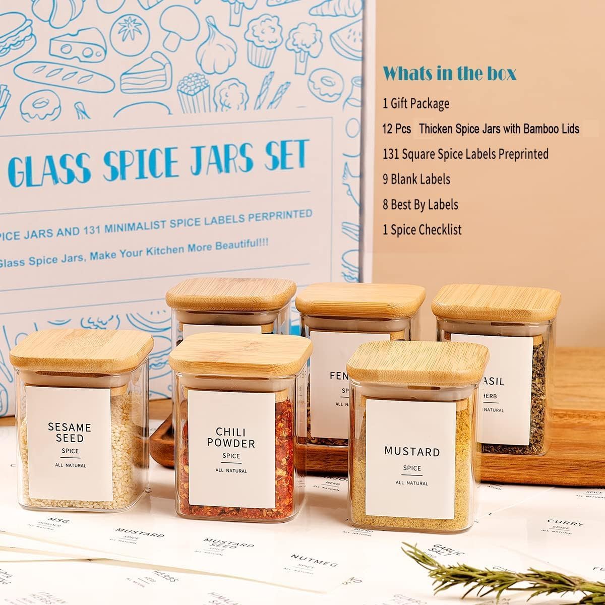 12 Pcs Square Glass Spice Jars with Natural Bamboo Lids - 9oz Airtight Herb Containers with 148 Waterproof Minimalist Spice Labels Preprinted - Empty Small Seasoning Jars for Kitchen Pantry