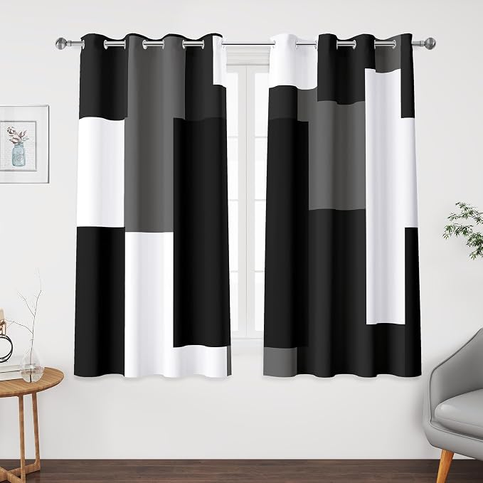 Tyrot Black Grey 100% Blackout Curtains 52 inch Length 2 Panels Set White Grey Modern Abstract Geometric Drapes for Kitchen Black Out Curtains Insulated Room Darkening Small Window Curtains, 52Wx45L
