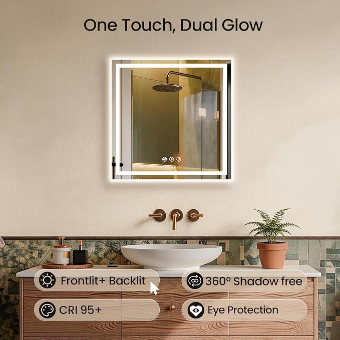 24X24 LED Bathroom Mirror with Lights, Anti-Fog, Backlit + Front Lit (CRI>90), Lighted Bathroom Vanity Mirror for Wall, Memory Function, Dimmable, Tempered Glass, Shatter-Proof