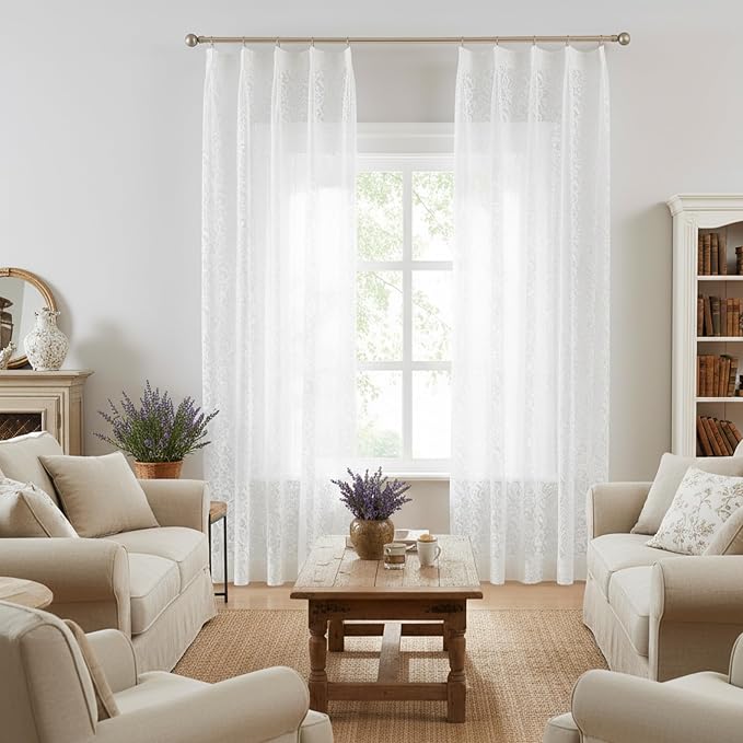 Bujasso White Lace Pinch Pleat Curtains 108 inch,Vintage Floral Sheer Drapes with Hooks & Rings, Victorian Damask Scalloped Edge Light Filtering Window Panels for Bedroom Living Room, 40" Wx108 Lx2