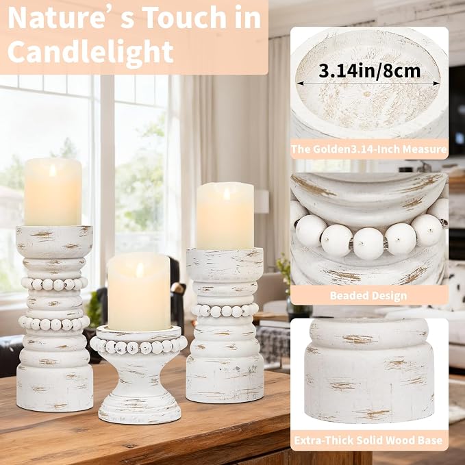 Rustic White Wood Candle Holders Set of 3, Farmhouse Beaded Wood Pillar Candle Holder, Candle Holders for Pillar Candles & Candlesticks, Candle Sticks Holder Decor for Table Centerpiece