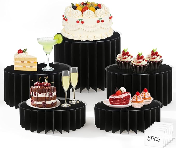 5Pack Buffet Risers Display Stands Foldable Food Risers for Buffet Table Tall Cake Cupcake Stands Cardboard Cylinder Stand Dessert Table Display Set for Catering Jewelry Wedding Party Decor (Black)