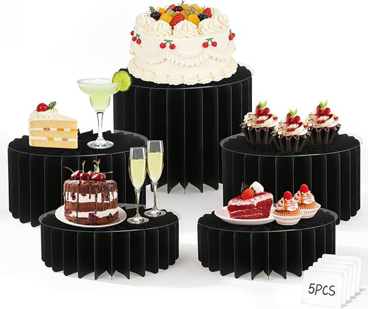 5Pack Buffet Risers Display Stands Foldable Food Risers for Buffet Table Tall Cake Cupcake Stands Cardboard Cylinder Stand Dessert Table Display Set for Catering Jewelry Wedding Party Decor (Black)