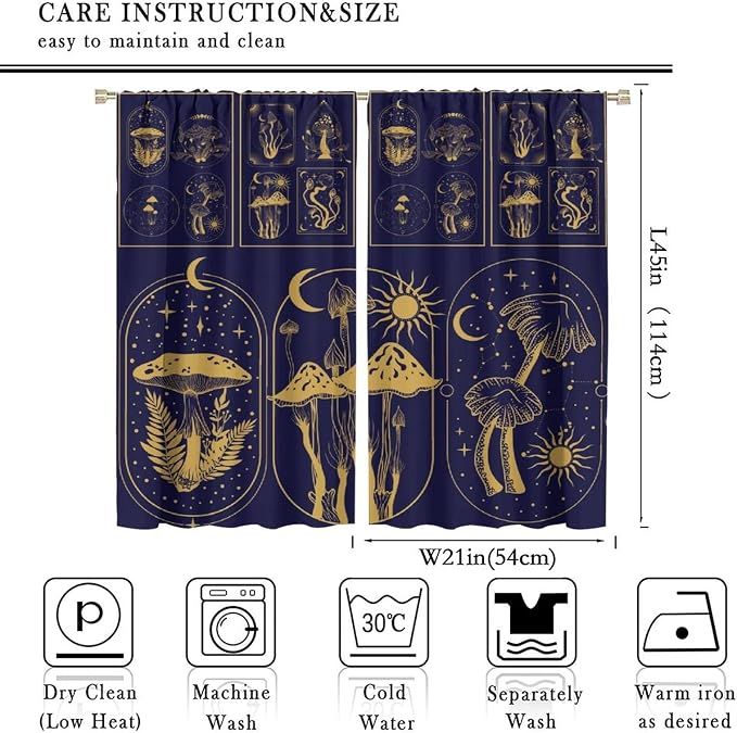 Mushroom Semi Sheer Curtains,Boho Style Mystical Plant Sun Moon Print Window Treatments for Bedroom Living Room Kitchen Purple Herbs Window Drapes 2 Panels Set,Total Size 42 x 45 Inch