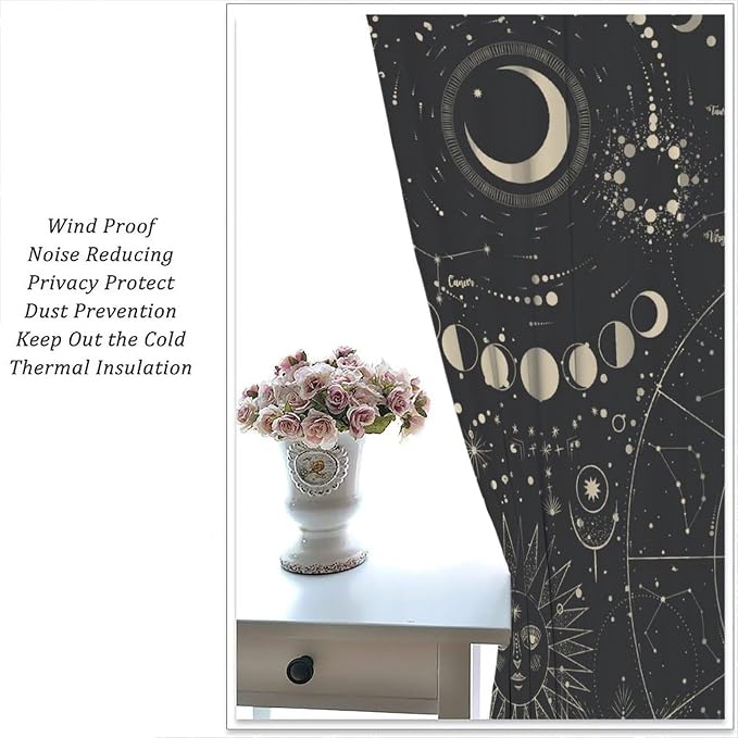 Golden Sun Moon Blackout Curtains, Starry Retro Bohemian Sun Moon Star Mysterious Universe Retro Window Drapes, for Bedroom Living Room 42" W X 63" L
