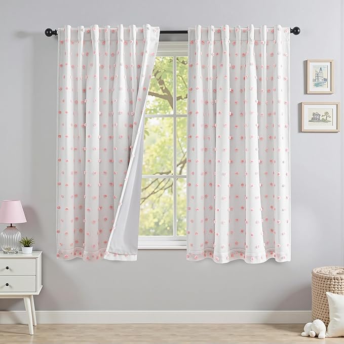 MYSKY HOME Pink Pom Pom Blackout Curtains for Girls Bedroom 54 Inch Long 100% Blackout Curtains for Kids Room 2 Panels Room Darkening Small Window Treatment Back Tab 2 Layered Drapes Toddler 52W x 54L