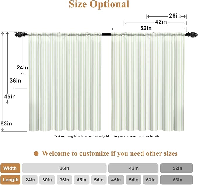 Renaiss 52 x 63 Inch Green Striped Kitchen Curtains Tier Linen Texture Ticking Stripe Short Curtain for Living Room Bathroom Cafe Small Window Farmhouse Rustic Pinstripe Rod Pocket Drapes 2 Panels
