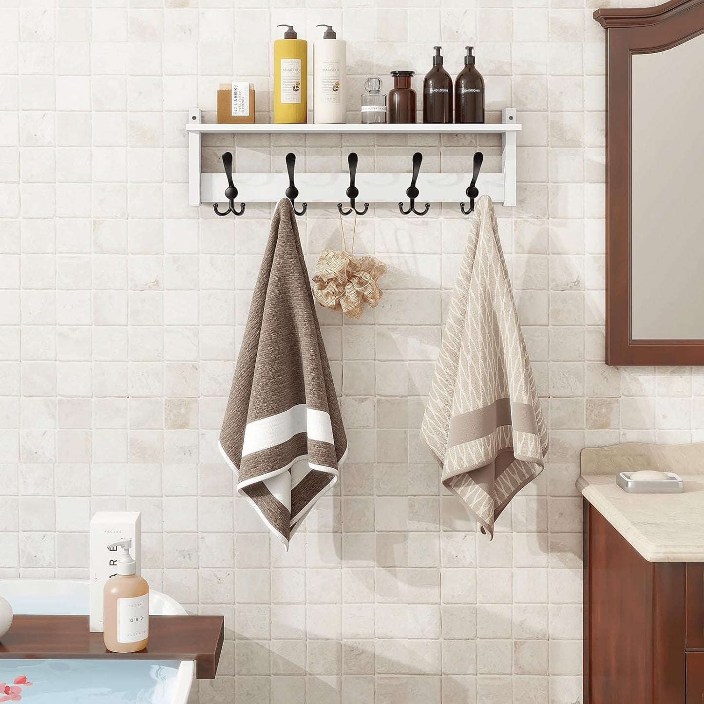 Homode Wall Shelf with Hooks, 24 Inch Coat Rack with Tri Hooks, Farmhouse Entryway Floating Coat Hanger with Storage for Bathroom, Entry Way, Mudroom, White