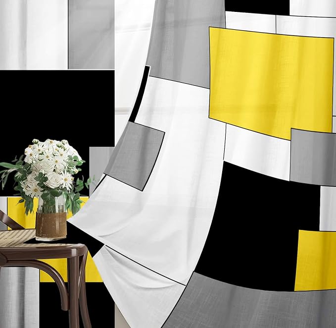 Yellow and Black Geometry Curtains Length Room Modern 42W x 63L Inch Grey Abstract Rod Pocket Curtain for Bedroom Kitchen Living Room Window Drapes 2 Panels