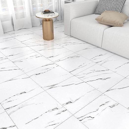 WESTICK White Peel and Stick Floor Tile Bathroom Waterproof Marble Vinyl Floor Tiles Self Adheisve Easy DIY Granite Flooring Tile for Kitchen Bedroom Dining Room 12" x 12" Jazz White