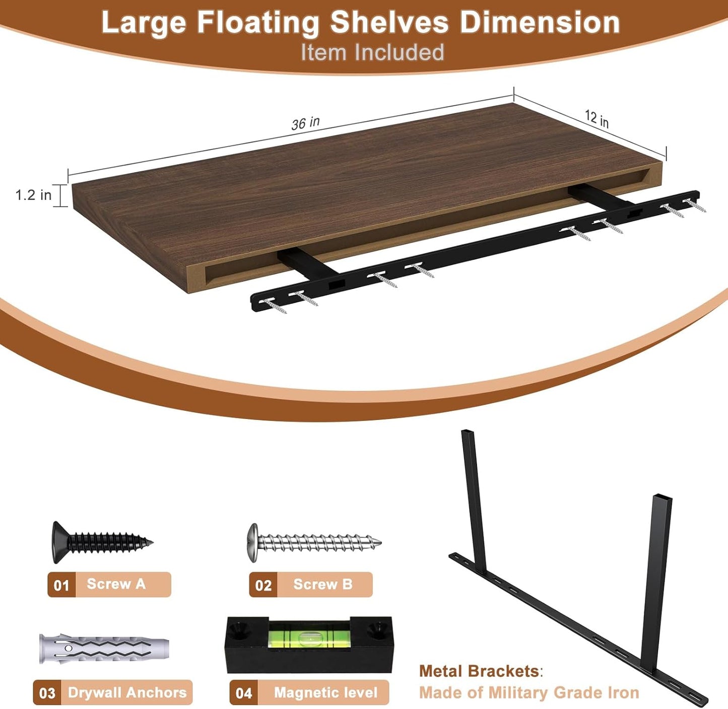 12 Inch Deep Floating Shelves for Wall 1 Pack Floating Shelves Large Storage Space Wall Mount Shelf for Living Room Kitchen Bathroom 36" W x 12" D x 1.2" H Walnut