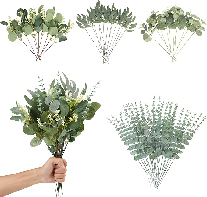 Coreland 120 Pcs 4 Kinds Mixed Eucalyptus Leaves Stems Bulk Artificial Silver Dollar Leaves Picks Dried Eucalyptus Bundle Faux Spray for Wedding Vase Bouquet Floral Arrangement