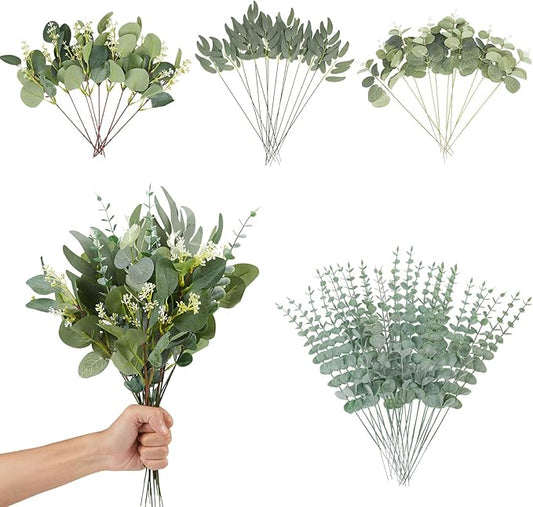 Coreland 120 Pcs 4 Kinds Mixed Eucalyptus Leaves Stems Bulk Artificial Silver Dollar Leaves Picks Dried Eucalyptus Bundle Faux Spray for Wedding Vase Bouquet Floral Arrangement