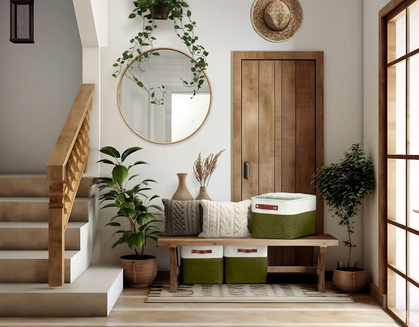 DECOMOMO Storage Bins Fabric Storage Baskets for Shelves, Linen Closet Organization Toys Nursery (Olive Green and White, Large - 3 Pack)