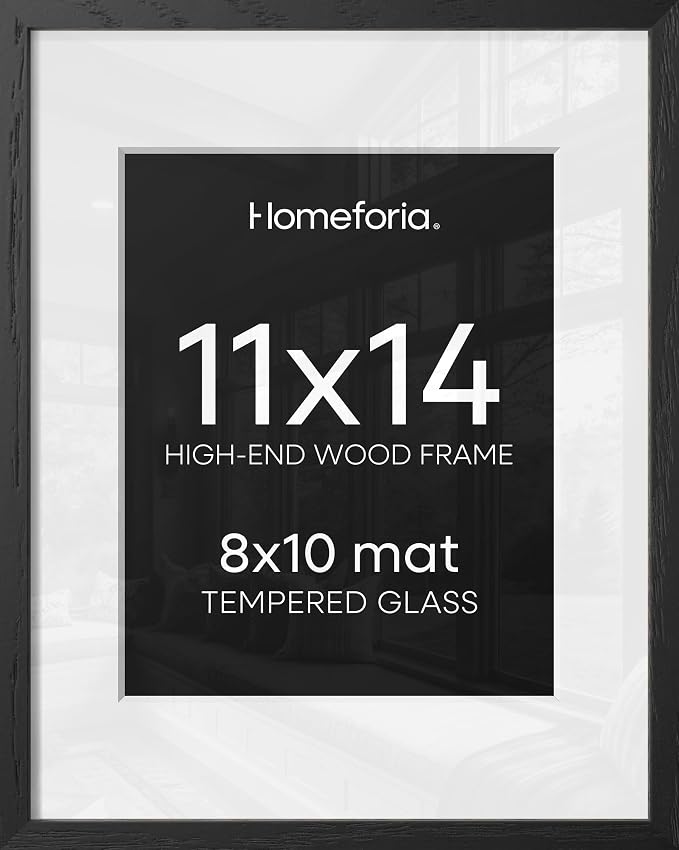 Homeforia 11x14 Picture Frame Black Wood, High End Oak 11x14 Poster Frames with Mat 8x10, 11 x 14 Wooden Frame Matted to 8 x 10 inch Photo, 14x11 Thin Hanging Frame, Tempered Glass, Wall Kit, Set of 2