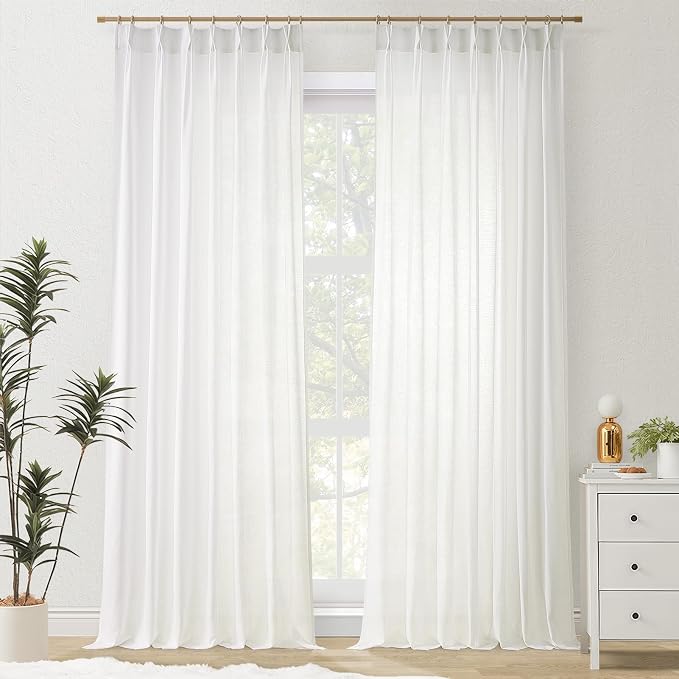 Topfinel Pinch Pleated Curtains 100 Inches Long 2 Panels Set,White Cream Semi Sheer Cotton Blend Fabric Aesthetic Advanced Curtain Drapes for Living Room Bedroom,40x100 inch Length