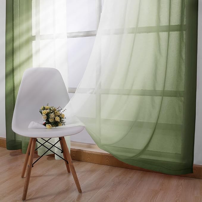 DWCN Ombre Sheer Curtains - Faux Linen Semi Voile Grommet Top Gradient Curtains for Bedroom and Living Room, Set of 2 Window Curtain Panels, 52 x 72 Inch Length, Light Olive Green