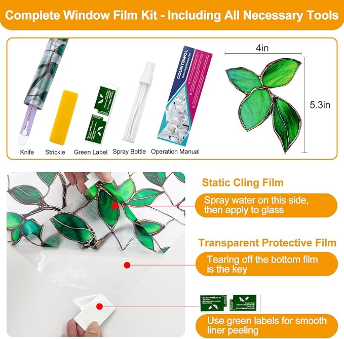 Countewol Greenery Leaf Static Cling Window Film Frosted Stained Glass Privacy Anti-Glare UV Protection for Home & Bathroom (Textured Greenery Leaf, 45.2 x 78.7 in)