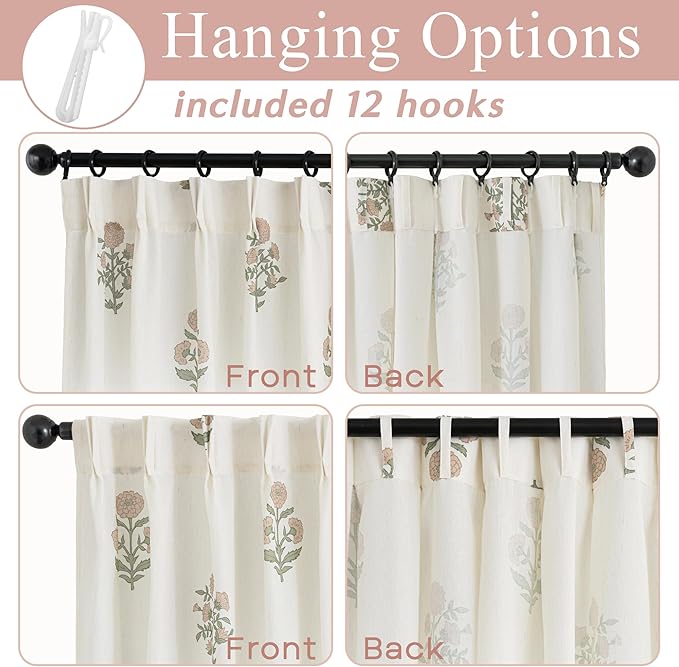 Lino Rosa Pink Short Floral Curtains for Bathroom Window, Vintage Cottage Core Pink and Green Linen Sheer Mini Cafe Curtains for Kitchen Girls Room 24 Inch Length