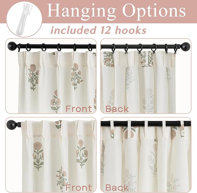 63 Inch Length Floral Linen Curtains for Living Room, Pink and Green Vintage Farmhouse Pattern Pinch Pleated Light Filtering Semi Sheer Drapes for Bedroom Dining Room 2 Panel Set