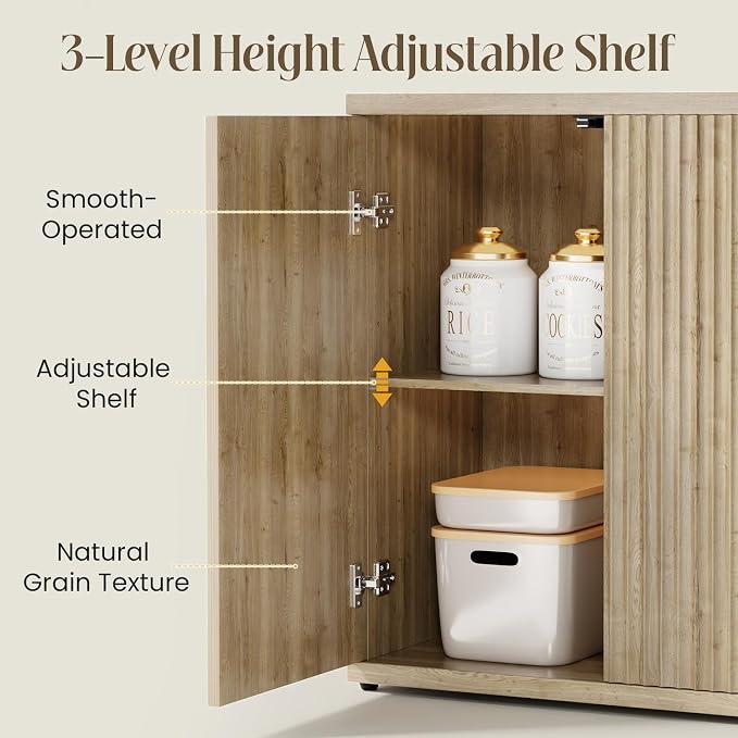 Fluted Buffet Cabinet Sideboard with Storage, Wooden Credenza with 2 Doors & Adjustable Shelf, Modern 15" Deep Accent Cabinet for Living Room, Kitchen Dining Room Entryway,Natural Oak