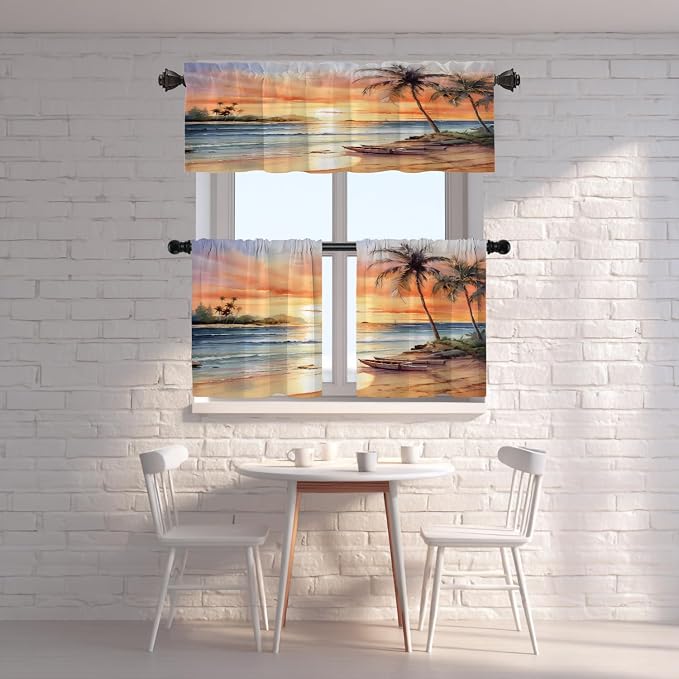 Shrahala Sunset Beach Blackout Short Curtains for Windows, Tropical Seaside Scene Kitchen Valance Thermal Insulated Rod Pocket Window Treatment for Bathroom 52 X 18 in