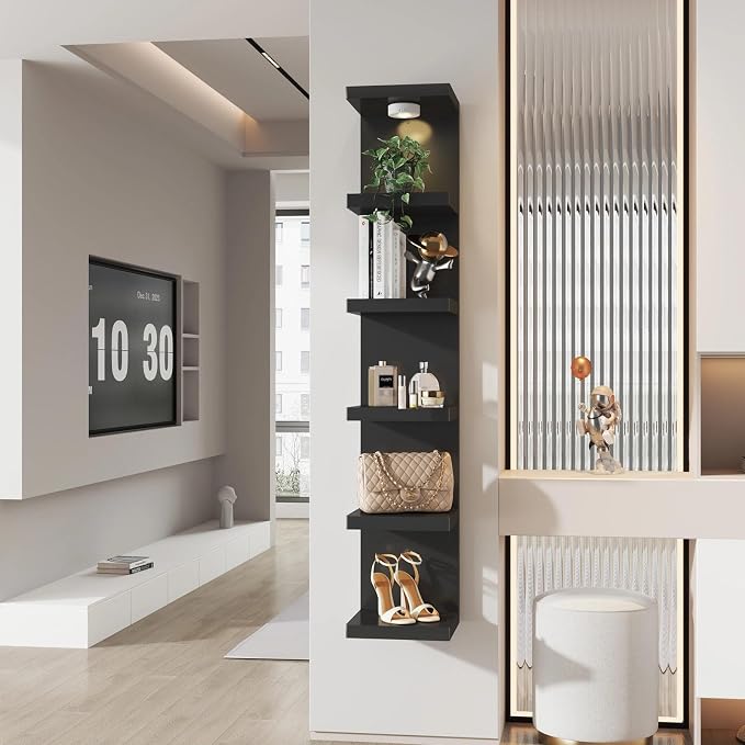 2 Pack 6-Tier Vertical Wall Shelf Unit with USB Rechargeable Led Light (Remote Controlled),Versatile Floating Display Shelves,Lack Style Wall Shelves for Bedroom,Living Room,Office Decor,Vanity-Black
