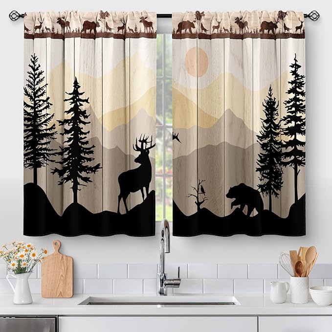 Aimego Country Rustic Farmhouse Short Cafe Curtains - Forest Sunset Tier Curtains for Bathroom and Sink - Retro Tree Bear Deer Pattern - Rod Pocket Window Drapes - 24 Inch Length - 2 Panels