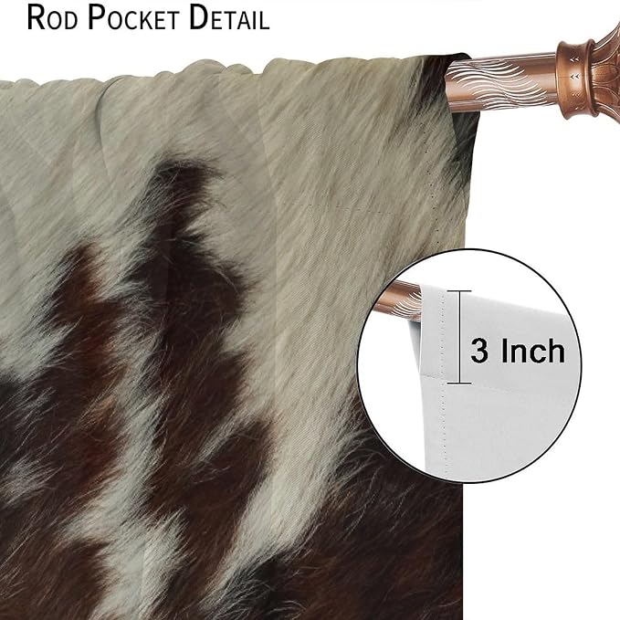 Cow Print Blackout Curtain,Animal Fur Skin Brown White Cowhide Western Rustic Farmhouse Window Treatments Rod Pocket Curtain for Bedroom Living Room Kitchen Decor Drapes 72x63in