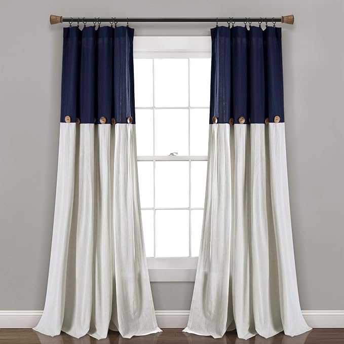 Lush Decor Linen Button Window Curtain Panel, Single, 40" W x 95" L, Navy & Off-white - Country Curtains - Rustic Decor - Color Block Modern Farmhouse Curtains For Living Room, Bedroom & Dining Room