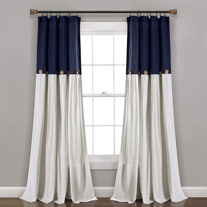 Lush Decor Linen Button Window Curtain Panel, Single, 40" W x 84" L, Navy & Off White- Country Curtains - Rustic Decor - Color Block - Modern Farmhouse Curtains