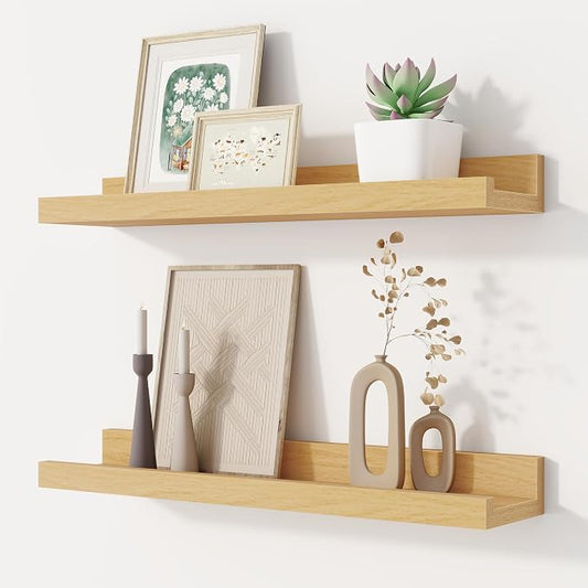 Floating Picture Ledge Shelves Set of 2, 16 Inch Solid Wood Wall Shelves with Lip, Large Nursery Book Shelf for Toys Storage, Kids Bookshelf, Living Room, Bedroom Decor Frames, Natural Oak