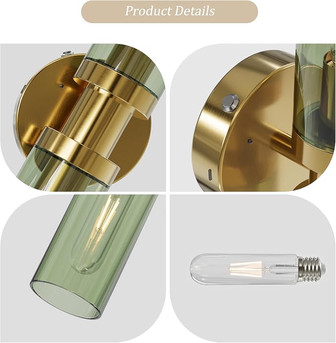 Rayogale Gold Wireless Battery Operated Wall Sconce with Remote Control | Dimmable Rechargeable Wall Lights Set of 2, Timer, No Hardwire, Touch, 8000mAh, 3000K, Green Glass, Emergency, 16.5 Inch