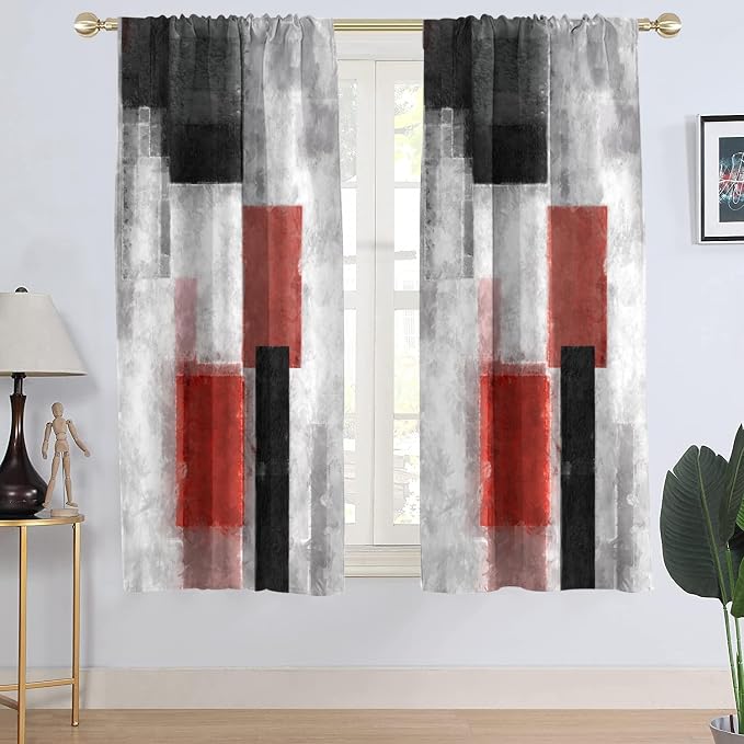 AAtter Red Window Curtain Black and White Grey Gray Modern Abstract Dark Mens Boys Cool Anime Minimalist Living Room Bedroom Rod Pocket Drapes Treatment Fabric 1 Pair Home Decor, 42" W x 63" L, Art