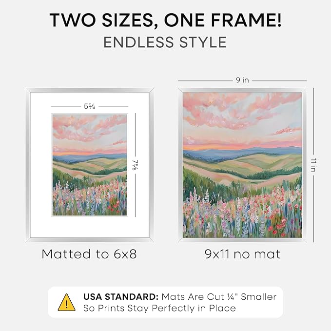 Homeforia 9x11 Picture Frame Silver, High End Metal 9 x 11 Frames with Mat 6 by 8 inch Photo, 9by11 Poster Frame Matted to 6x8 in Print, 11x9 Wall or Tabletop Frame, Tempered Glass, Wall Kit, Set of 2