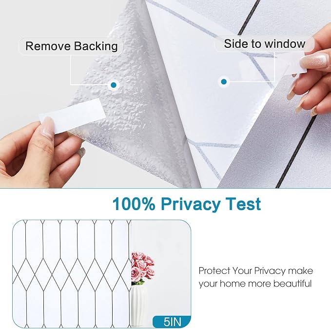 Windimiley Window Privacy Film Stained Glass Static Clings, Bathroom Frosted Leaded Decorative Window Stickers, UV Heat Blocking Opaque Removable for Home Door Coverings (29.5 x 78.7 in,White)