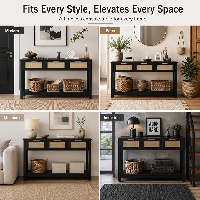 Entryway Table with 3 Drawers, Boho Rattan Console Table with Storage Shelf | Narrow Sofa Table Behind Couch for Hallway, Foyer & Living Room, 47" Wood Accent Table, Easy Assembly, Anti-Tip, Modern Black