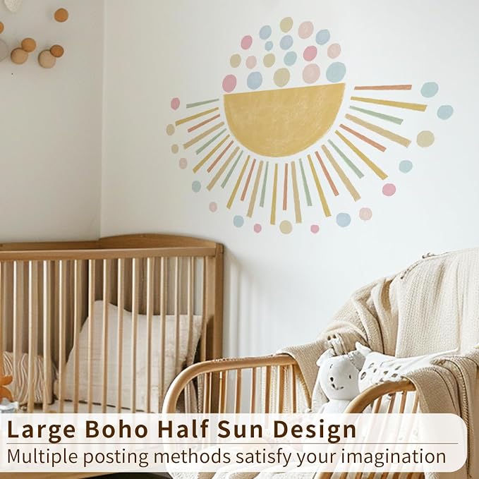 Vibrant Large Half Sun Wall Decals Peel and Stick, Self Adhesive Colorful Polka Dots Wall Sticker, Wall Art Decor Sunrise Wall Stickers for Girls Bedroom Playroom Nursery Room