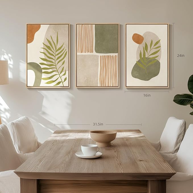 Framed Mid Century Modern Boho Wall Art Bedroom, 3 Piece Tropical Sage Green Paintings Prints Canvas Artwork for Walls, Large Modern Bohemian Pictures for Living Room Hallway Wall Decor, 16x24 Inch