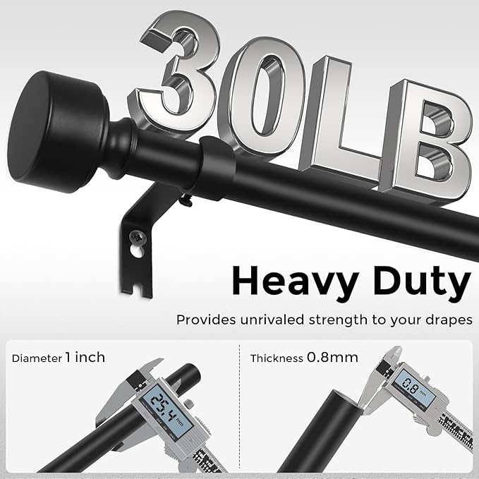 Black Curtain Rods for Windows 28 to 48 Inch(2.3-4ft), 1 Inch Diameter Heavy Duty Curtain Rod, Adjustable Decorative Drapery Poles 18-45", Matte Black