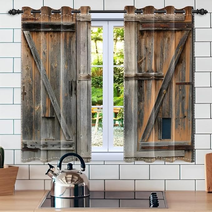 Old Grey Wood Barn Door Window Curtains American Rustic Garage Door Curtains Vintage Wooden Door Window Drapes Wood Planks Rural Style Native Farmhouse Bedroom Treatment,21x45 inch,2 Panels