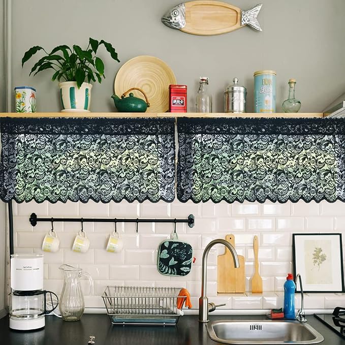 ALIGOGO Black Floral Valances for Windows Halloween Victorian Scalloped Sheer Valance Curtain for Bathroom Door Basement Windows Lace Window Toppers Boho/Goth/Dark Kitchen Decor, 52" x 18", 1 Pcs