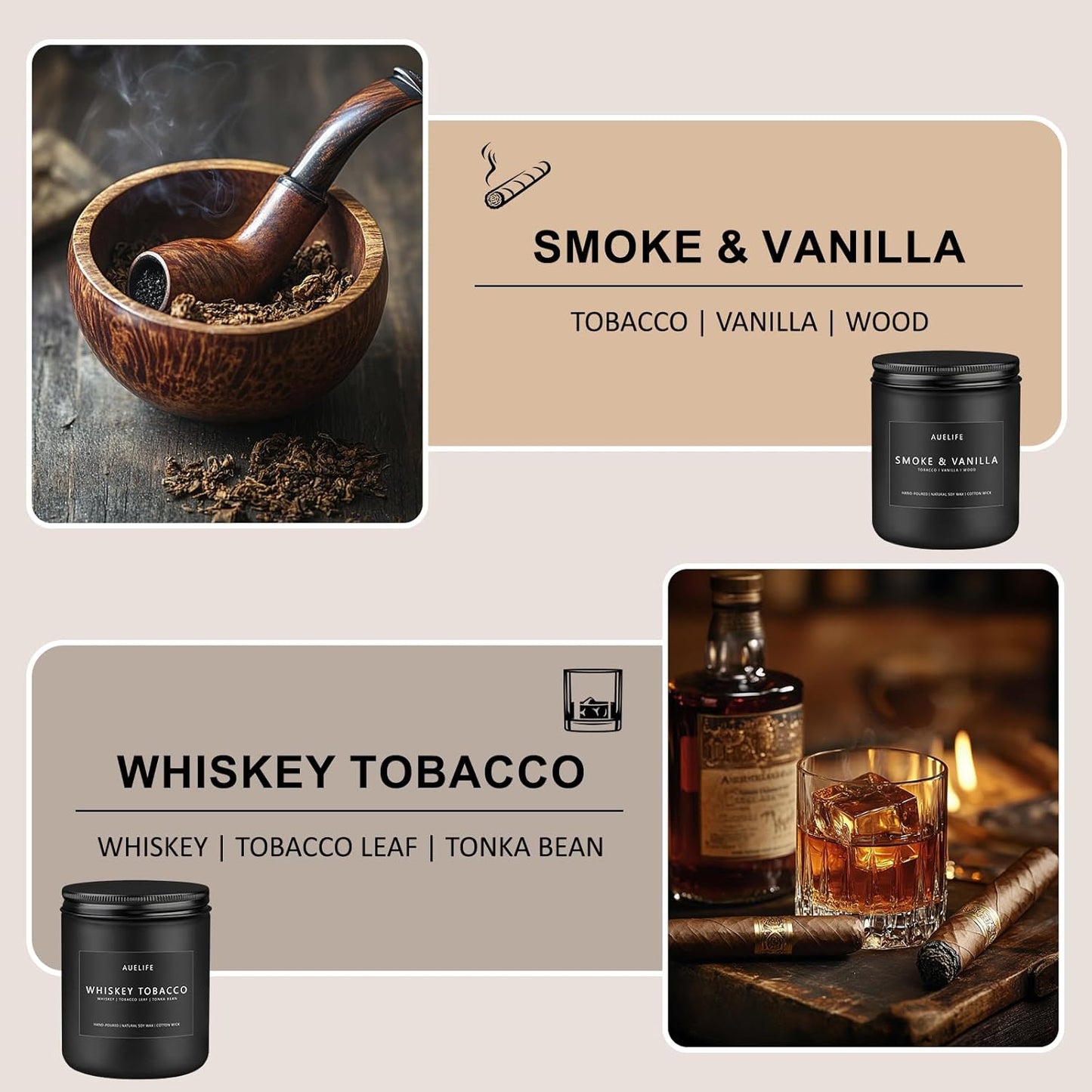 2 Pack Candle | Smoke & Vanilla + Whiskey Tobacco - Candles for Men - Masculine Candle, Soy Candles for Home Scented - Gifts for Men, Home Fragrance Manly Gifts - Each of 7oz