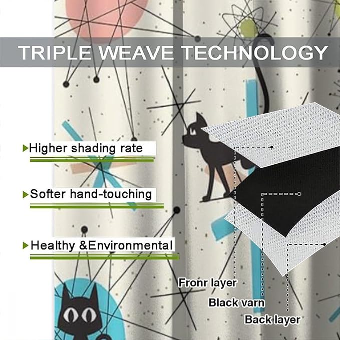 JESTRONRY Mid Century Curtains, Black Cat Atomic Stars Abstract Geometric Vintage Kitty Animal Room Darkening Door Window Rod Pocket Curtain for Living Room Bedroom 63x72in