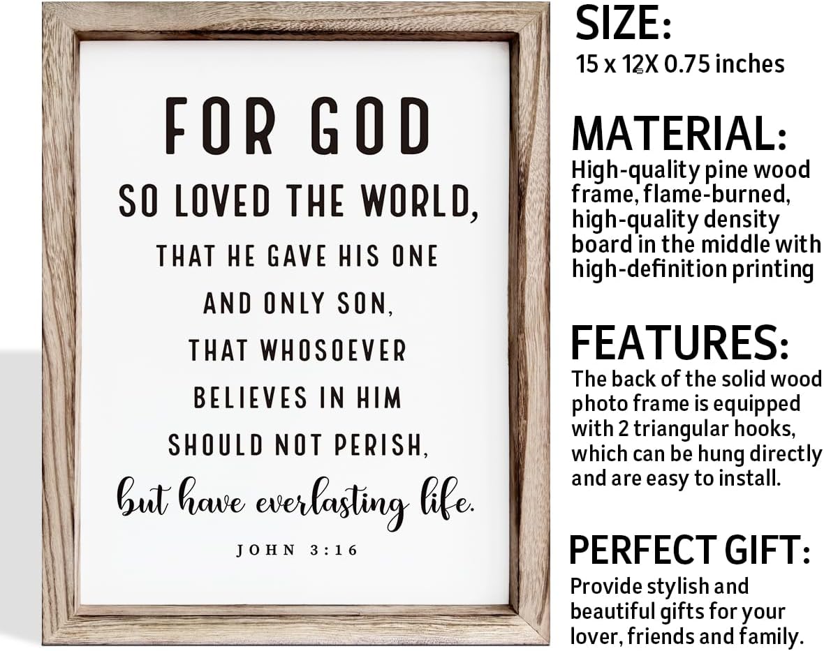 Christian Wooden Sign, Living Room Decors, Bible Verse Decor, Rustic Home Decor, Religious Artwork for Wall, Framed Wall Plaque Sign 15 * 11.5 inches, For God So Loved the World