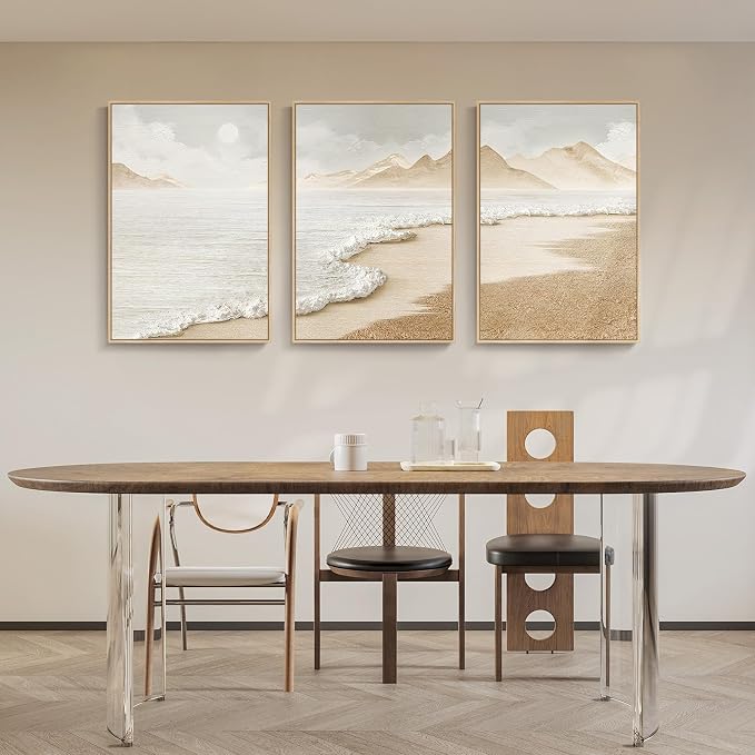 Framed Boho Coastal Beach Wall Art for Living Room, Large Neutral Abstract Coastal Canvas Artwork for Walls, 3 Piece Minimalist Ocean Picture Print for Bedroom Kitchen Wall Decor, Total Size 30x60 In