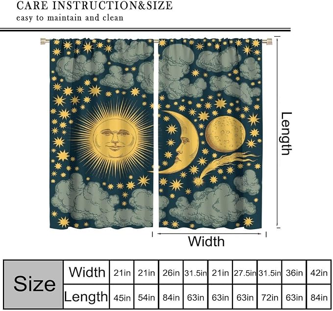 Sun Moon Blackout Window Curtains, Bohemian Sun Moon Star Pattern Print Window Drapes, for Living Room Bedroom 42x54in 2 Panels